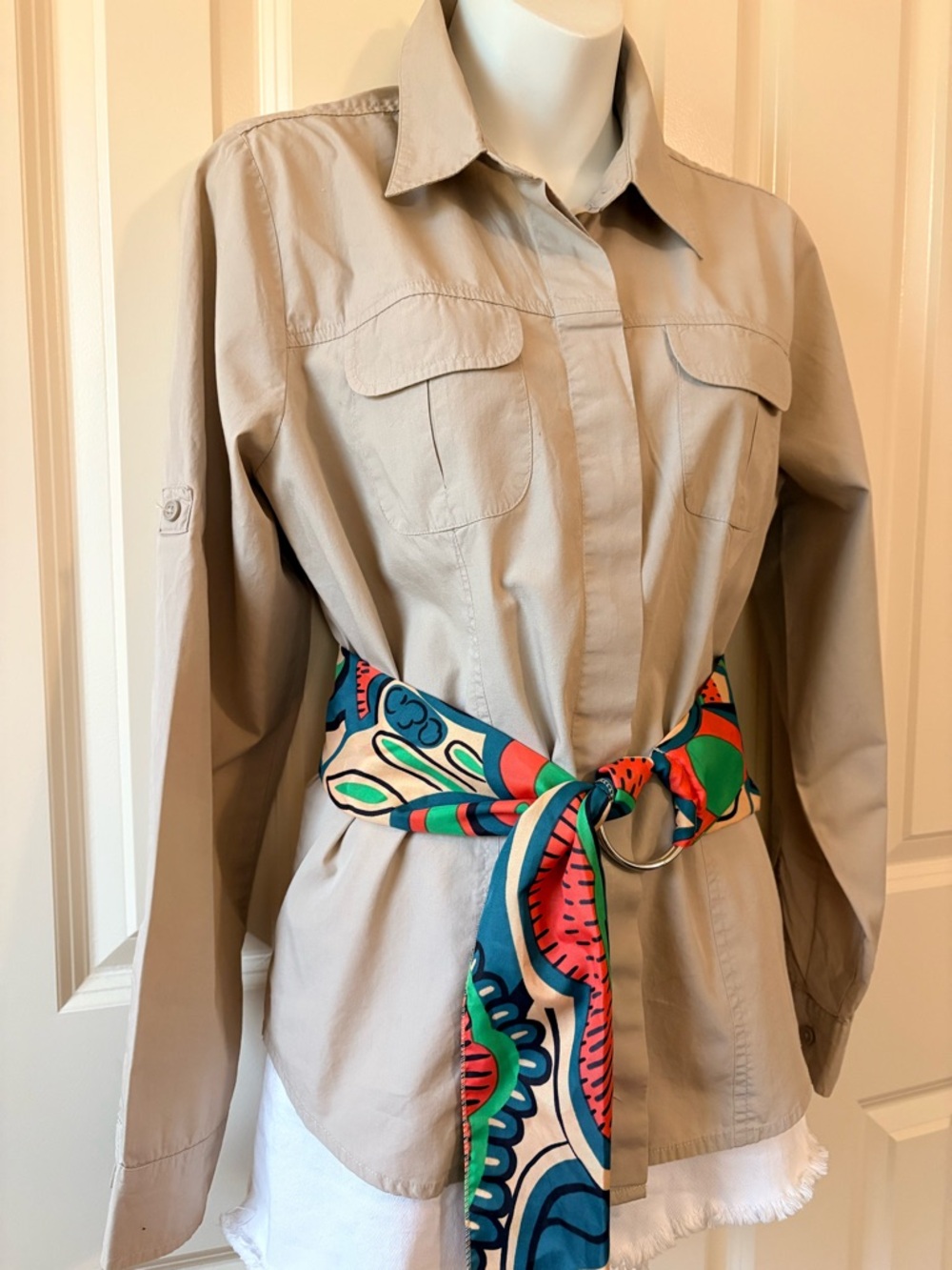 Ladies Beige Utility Shirt, size M, Belt not included.